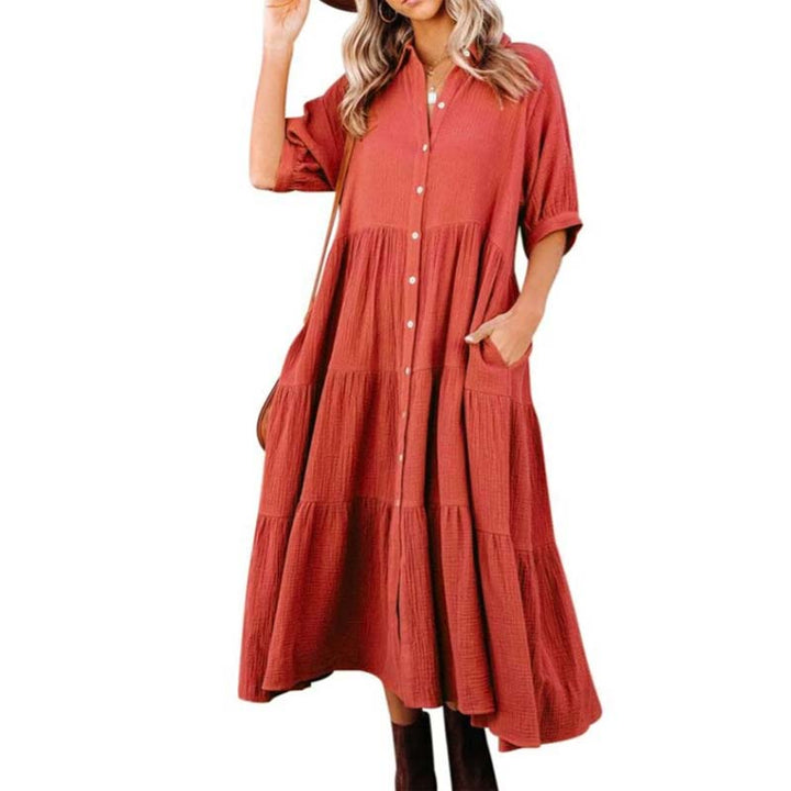 Helen - Women's Cotton Half Sleeve Midi Dress with Pockets