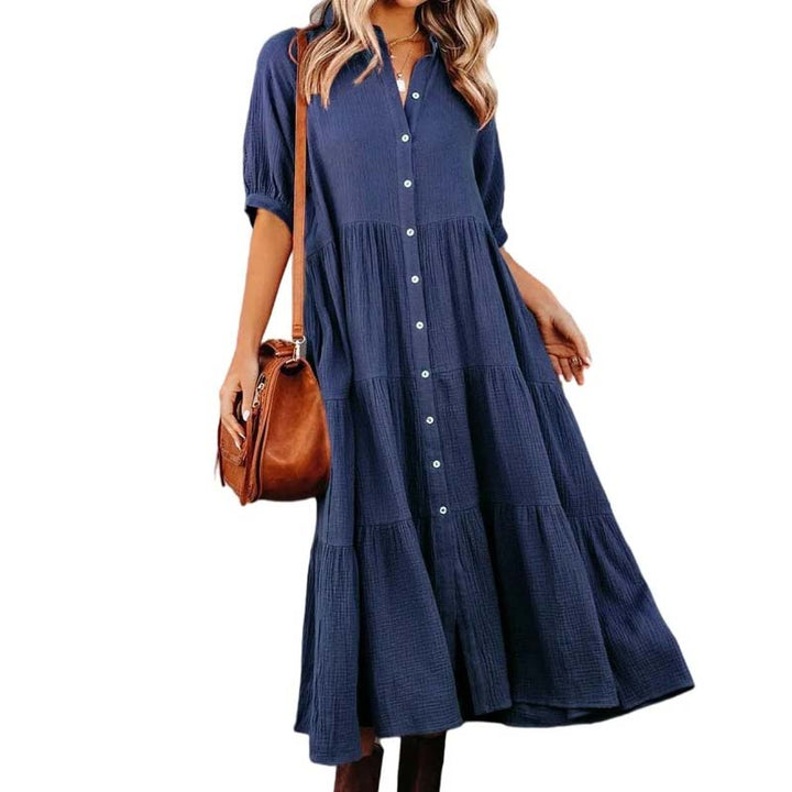 Helen - Women's Cotton Half Sleeve Midi Dress with Pockets