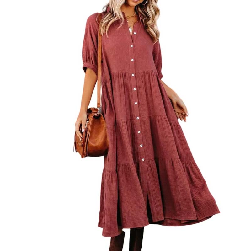 Helen - Women's Cotton Half Sleeve Midi Dress with Pockets