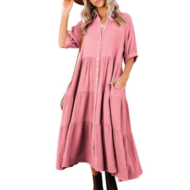 Helen - Women's Cotton Half Sleeve Midi Dress with Pockets