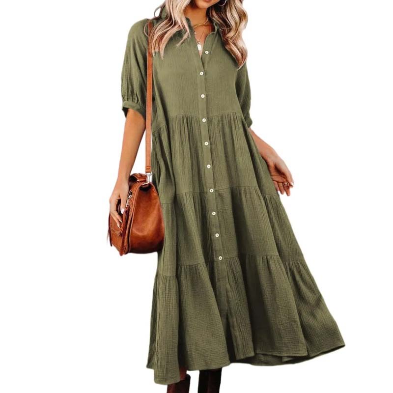 Helen - Women's Cotton Half Sleeve Midi Dress with Pockets