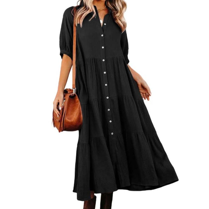 Helen - Women's Cotton Half Sleeve Midi Dress with Pockets