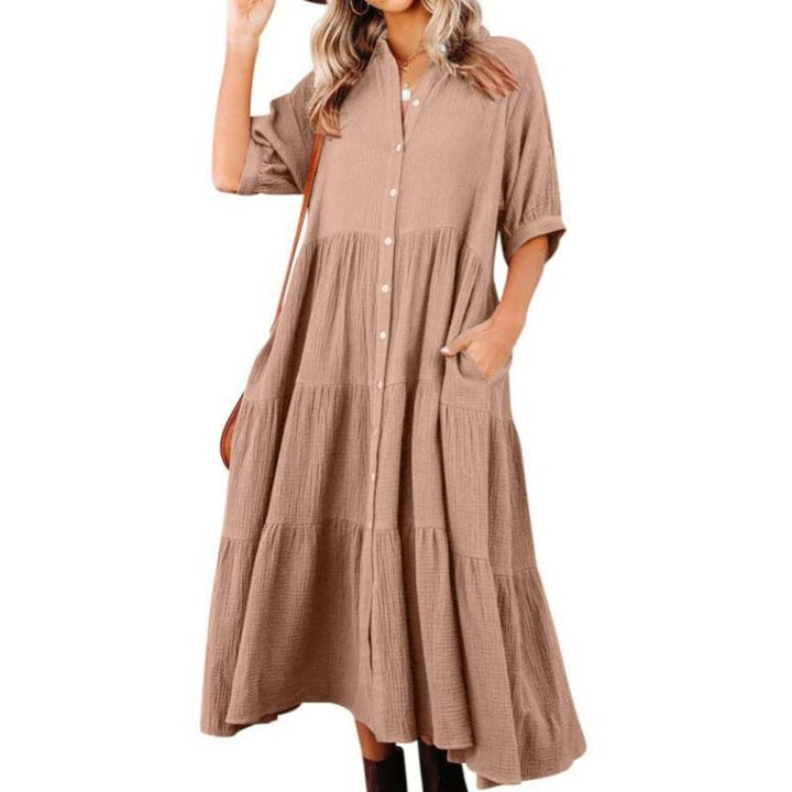 Helen - Women's Cotton Half Sleeve Midi Dress with Pockets